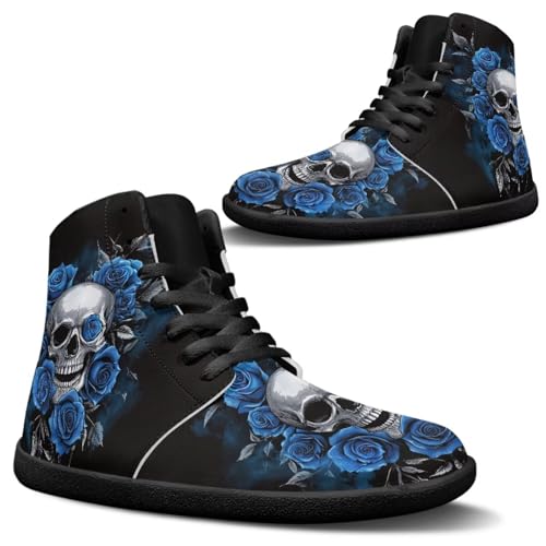 Jeiento Herrenmode Gothic Schädel Barfuß Sneaker PU Leder Freizeitschuhe Blau Rose Tennis High Top Schuhe Herren Schnürschuhe,43 EU von Jeiento