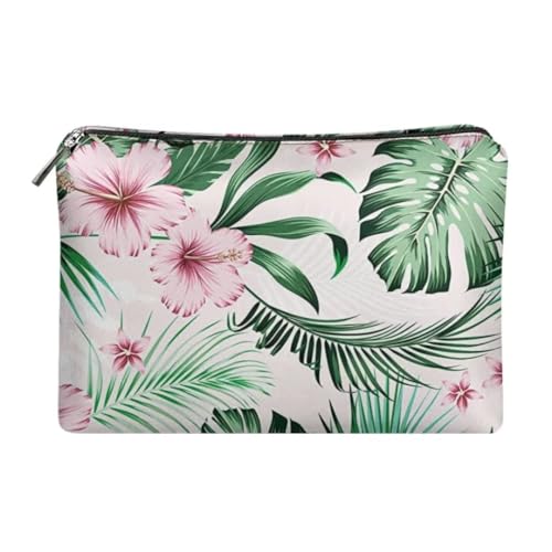 Jeiento Leder Reise Kosmetiktaschen Wasserdichte Kosmetik Pinsel Tasche mit Reißverschluss für Frauen Mädchen Reißverschluss Reise Tasche Multifunktions Fall, Rosa Hibiskus-Palmblatt, Reisetasche von Jeiento