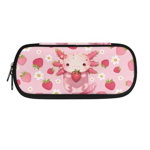 Jeiento Stiftehalter mit Reißverschluss für Jungen, Mädchen, Schule, Bürobedarf, Kinder, Studenten, Federmäppchen, Stifteetui, Erdbeere und niedliches Axolotl, Einheitsgröße, Schulranzen von Jeiento