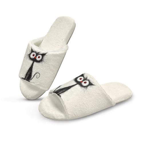 Jeiento Lustige schwarze Katze Slipper wiederverwendbare waschbare Unisex Spa Slipeprs für Hotel Schlafzimmer Hochzeitsparty Reise Rutschfeste Fuzzy Open Toe Slipper,46-47 EU von Jeiento