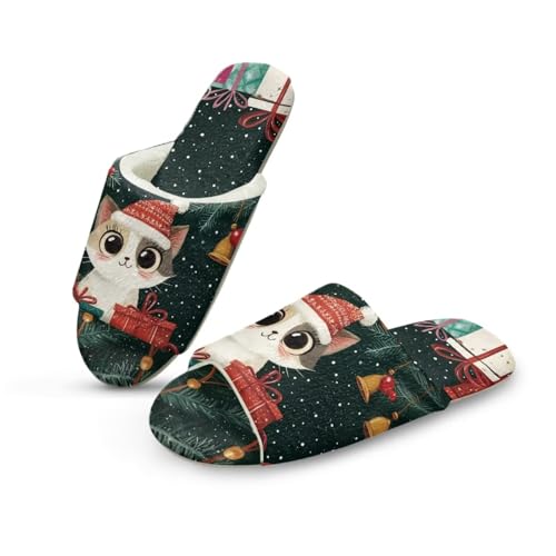 Jeiento Open Toe Pantoffeln Weihnachtstheme Cute Cat House Pantoffeln Tierschuhe Warme Fuzzy Slip-on Spa Pantoffel für Gastfamilie,36-53 EU von Jeiento