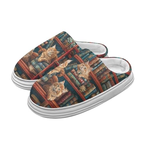 Jeiento Orange Katze Bücherregal Pantoffeln niedliche Kätzchen Haus Pantoffeln für Frauen Lady bequeme warme Fuzzy Schlafzimmer Schuhe warme Fuzzy Plüsch Pantoffel mit Bogen Unterstützung,42-43 EU von Jeiento