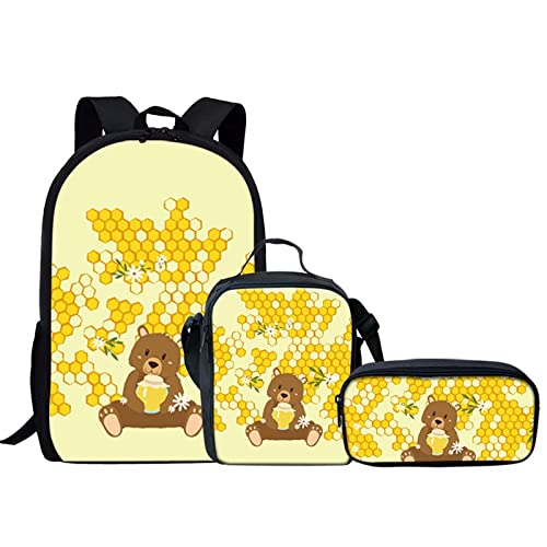 Jeiento Primary Middle High School Taschen Set für Mädchen Jungen mit Lunchtasche Federmäppchen 3 in 1, Bär Honig von Jeiento