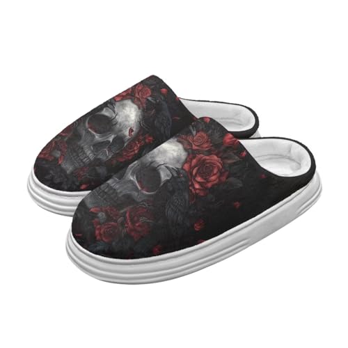 Jeiento Red Rose Blume Schädel Pantoffel für Frauen Dame Plattform Pantoffel mit Bogen Unterstützung Winter Warme gemütliche Hausschuhe für Schlafzimmer,42-43 EU von Jeiento