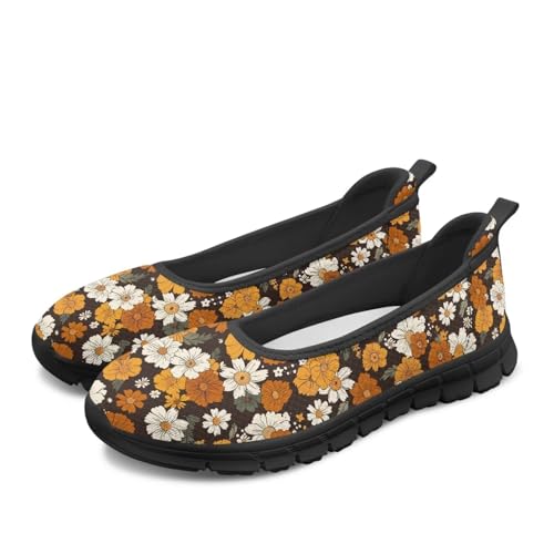 Jeiento Retro Nette Daisy Blume Orange Walking Schuhe für Frauen Lady Mode Sneaker Damen Slip On Loafers Atmungsaktive Casual Schuhe,37 EU von Jeiento