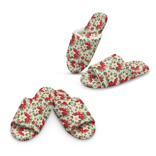 Jeiento Rote Weihnachten Poinsettia Blumen Pantoffeln Komfort Rutschen auf offenen Zehen Fuzzy Slipeprs Winter Warme Haus Schuhe für Frauen Dame Flache Rutschen,38-57 EU von Jeiento