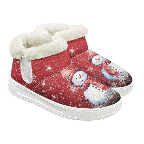 Jeiento Schneestiefel zum Hineinschlüpfen für Damen, Winter, warm, rutschfest, knöchelhoch, flache Wanderschuhe für drinnen und draußen, Weihnachts-Schneeflocken-Schneemann, 34 EU von Jeiento