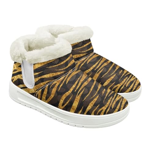 Jeiento Schneestiefel zum Hineinschlüpfen für Damen, Winter, warm, rutschfest, knöchelhoch, flache Wanderschuhe für drinnen und draußen, braune Streifen, 40 EU von Jeiento