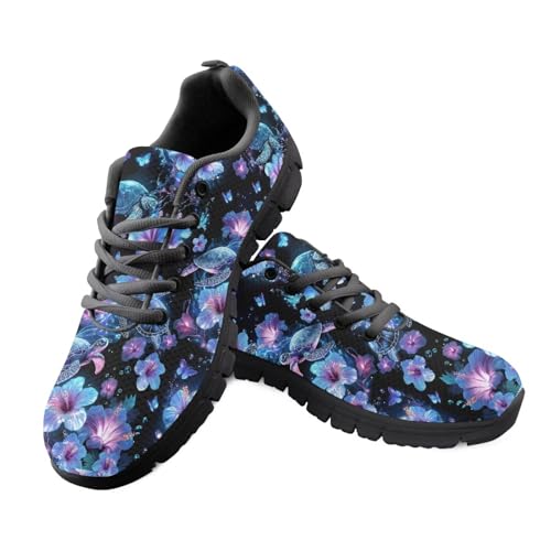 Jeiento Schuhe für Damen, Netzstoff, leicht, atmungsaktiv, Sport-Lauf-Sneaker, Schnür-Sneaker zum Wandern, Reisen, Bling Hibiskus Blume Schildkröte, 39 EU von Jeiento