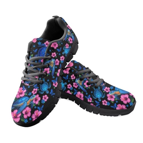 Jeiento Schuhe für Damen, Netzstoff, leicht, atmungsaktiv, Sport-Lauf-Sneaker, Schnür-Sneaker zum Wandern, Reisen, Red Flower Turtles, 39 EU von Jeiento