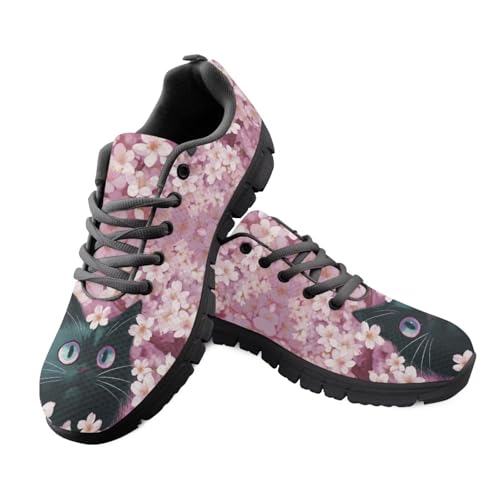 Jeiento Schuhe mit Tiermuster für Damen und Herren, modische Sneaker, Schnürschuhe, Sportschuhe, Laufen, Joggen, Wandern, Cherry Blossom Black Cat, 43 EU von Jeiento