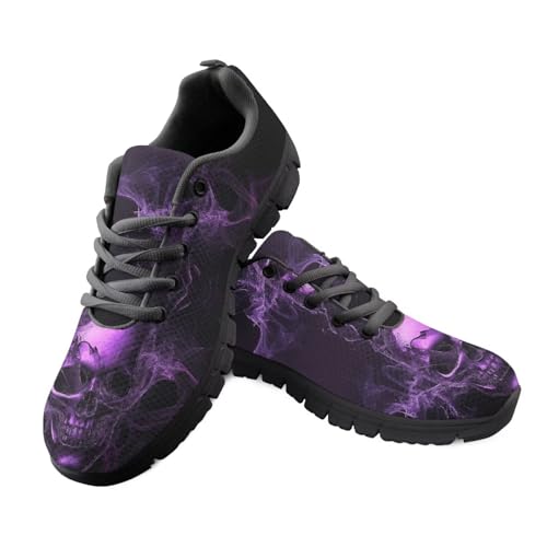 Jeiento Sportschuhe für Erwachsene, Netzstoff, Laufschuhe für Damen und Herren, Totenkopf-Muster, Sneaker, Schnürung, lässig, Wanderschuhe für Shopping, Arbeit, Reisen, Sport, Fire Flame Skull, 39 EU von Jeiento
