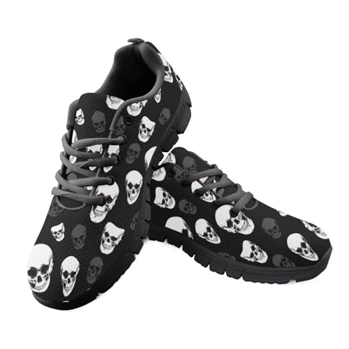 Jeiento Sportschuhe für Erwachsene, Netzstoff, Laufschuhe für Damen und Herren, Totenkopf-Muster, Sneaker, Schnürung, lässig, Wanderschuhe für Shopping, Arbeit, Reisen, Sport, Schwarz-weißer Totenkopf von Jeiento