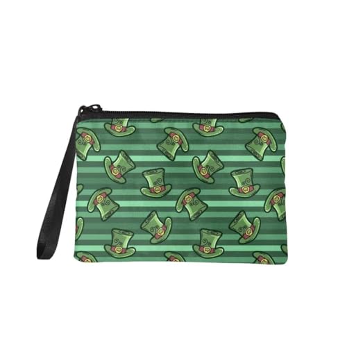 Jeiento St. Patrick's Day Münzgeldbörse Reißverschluss Make-up Kosmetiktasche Tragbare Multifunktion Kulturbeutel für Frauen Mädchen Grün Outdoor Handtasche, Grüner Hut & Streifen, S, Münzbeutel von Jeiento