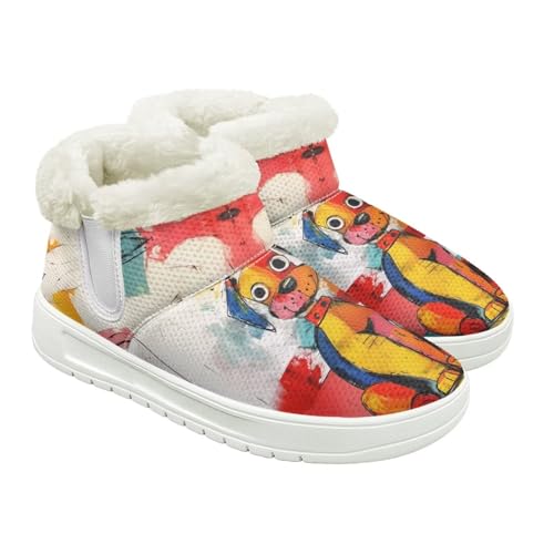 Jeiento Stiefel mit Tiermuster für Damen, Winterstiefel, Schneestiefel, bequem, warm, flauschig, Outdoor, Schlupfschuhe, Buntes Ölgemälde mit Hund, 43 EU von Jeiento