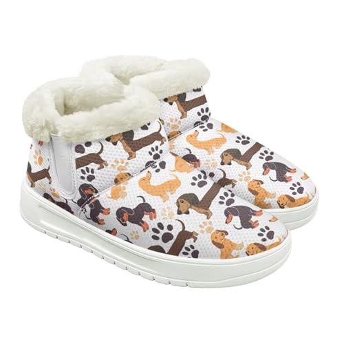 Jeiento Stiefel mit Tiermuster für Damen, Winterstiefel, Schneestiefel, bequem, warm, flauschig, Outdoor, Schlupfschuhe, Cartoon-Dackel-Hund, 34 EU von Jeiento