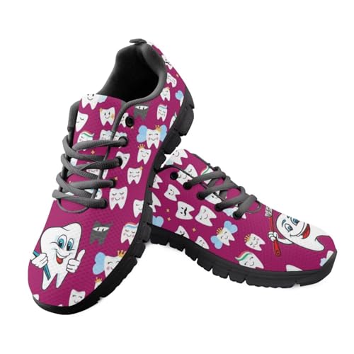 Jeiento Straßenlaufschuhe mit Blumenmuster für Damen, Netzstoff, atmungsaktiv, Sportschuhe, Schnürschuhe, flach, für Arbeit, Reisen, Cartoon Teeth Red, 37 EU von Jeiento