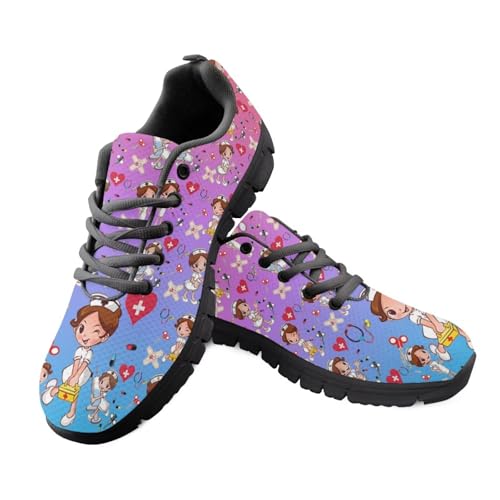 Jeiento Straßenlaufschuhe mit Blumenmuster für Damen, Netzstoff, atmungsaktiv, Sportschuhe, Schnürschuhe, flach, für Arbeit, Reisen, Lila Cartoon Nurse, 41 EU Jeiento Straßenlaufschuhe mit Blumenmuster für Damen, Netzstoff, atmungsaktiv, Sportschuhe, Schnürschuhe, flach, für Arbeit, Reisen, Lila Cartoon Nurse, 41 EU von Jeiento