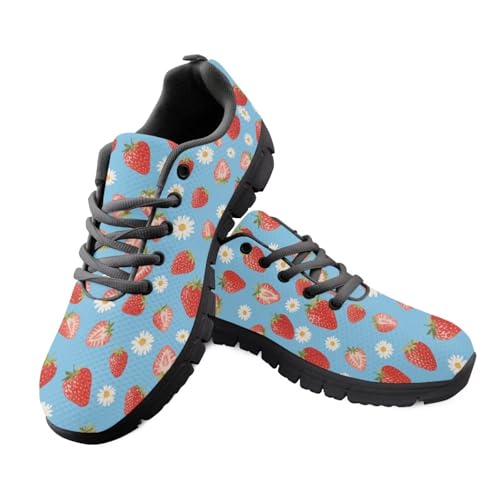 Jeiento Straßenlaufschuhe mit Blumenmuster für Damen, Netzstoff, atmungsaktiv, Sportschuhe, Schnürschuhe, flach, für Arbeit, Reisen, erdbeere, 40 EU von Jeiento