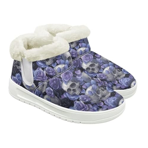 Jeiento Totenkopf-Muster Schneestiefel für Damen Winterschuhe Stiefeletten Hausschuhe Warme Hausschuhe Outdoor Indoor mit Plüschfellfutter, Blumenkädel, 37 EU von Jeiento