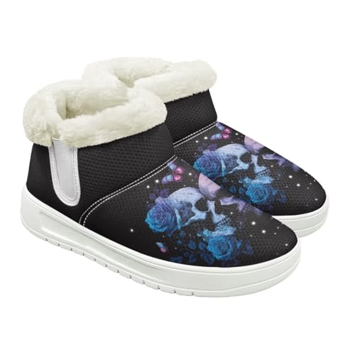 Jeiento Totenkopf-Muster Schneestiefel für Damen Winterschuhe Stiefeletten Hausschuhe Warme Hausschuhe Outdoor Indoor mit Plüschfellfutter, Galaxy Flower Skelett, 39 EU von Jeiento