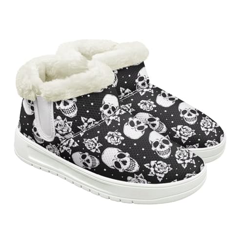 Jeiento Totenkopf-Muster Schneestiefel für Damen Winterschuhe Stiefeletten Hausschuhe Warme Hausschuhe Outdoor Indoor mit Plüschfellfutter, Gothic Flower Skull, 37 EU von Jeiento