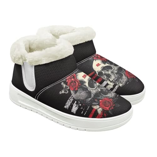 Jeiento Totenkopf-Muster Schneestiefel für Damen Winterschuhe Stiefeletten Hausschuhe Warme Hausschuhe Outdoor Indoor mit Plüschfellfutter, Gothic Red Rose Flower Butterfly Skull, 40 EU von Jeiento