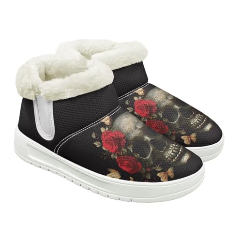 Jeiento Totenkopf-Muster Schneestiefel für Damen Winterschuhe Stiefeletten Hausschuhe Warme Hausschuhe Outdoor Indoor mit Plüschfellfutter, Gothic Skelett Blume, 44 EU von Jeiento