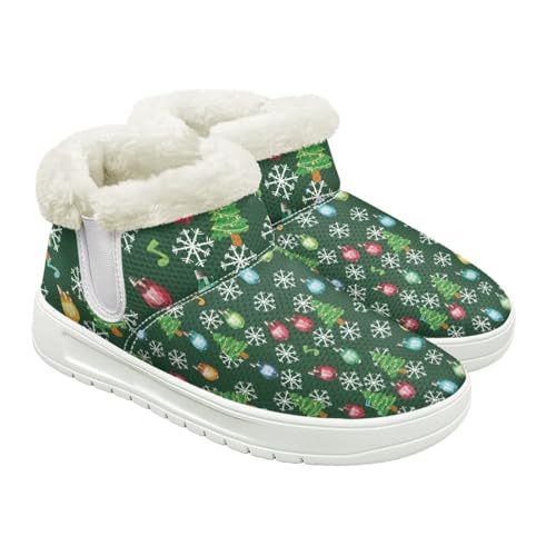 Jeiento Totenkopf-Muster Schneestiefel für Damen Winterschuhe Stiefeletten Hausschuhe Warme Hausschuhe Outdoor Indoor mit Plüschfellfutter, Grüner Weihnachtsbaum, bunte Lichter, Blumb, 39 EU von Jeiento