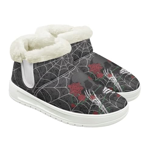 Jeiento Totenkopf-Muster Schneestiefel für Damen Winterschuhe Stiefeletten Hausschuhe Warme Hausschuhe Outdoor Indoor mit Plüschfellfutter, Halloween-Spinnennetz-Totenkopf, 42 EU von Jeiento