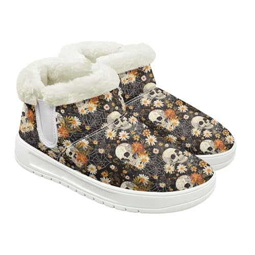 Jeiento Totenkopf-Muster Schneestiefel für Damen Winterschuhe Stiefeletten Hausschuhe Warme Hausschuhe Outdoor Indoor mit Plüschfellfutter, Niedliches Gänseblümchen-Skelett, 39 EU von Jeiento