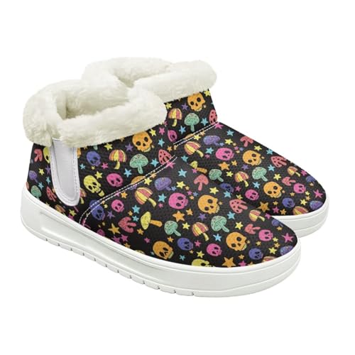 Jeiento Totenkopf-Muster Schneestiefel für Damen Winterschuhe Stiefeletten Hausschuhe Warme Hausschuhe Outdoor Indoor mit Plüschfellfutter, Regenbogen-Pilz-Totenkopf, 39 EU von Jeiento