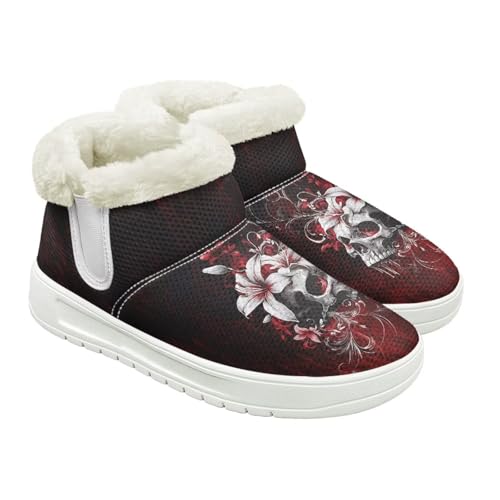 Jeiento Totenkopf-Muster Schneestiefel für Damen Winterschuhe Stiefeletten Hausschuhe Warme Hausschuhe Outdoor Indoor mit Plüschfellfutter, Rotes Blumenskelett, 44 EU von Jeiento