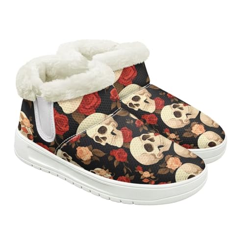 Jeiento Totenkopf-Muster Schneestiefel für Damen Winterschuhe Stiefeletten Hausschuhe Warme Hausschuhe Outdoor Indoor mit Plüschfellfutter, Rotes Rosenblüten-Skelett, 42 EU von Jeiento