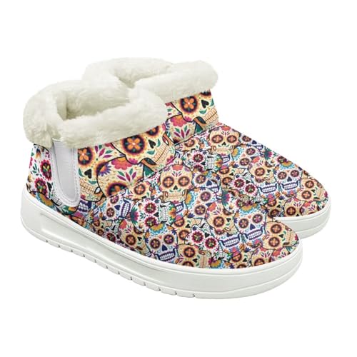 Jeiento Totenkopf-Muster Schneestiefel für Damen Winterschuhe Stiefeletten Hausschuhe Warme Hausschuhe Outdoor Indoor mit Plüschfellfutter, Sugar Flower Skelette, 42 EU von Jeiento