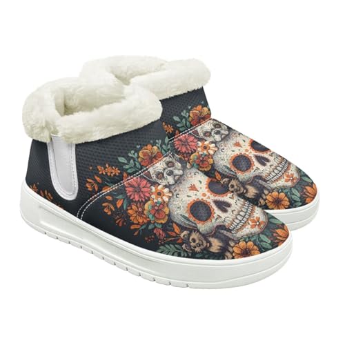 Jeiento Totenkopf-Muster Schneestiefel für Damen Winterschuhe Stiefeletten Hausschuhe Warme Hausschuhe Outdoor Indoor mit Plüschfellfutter, Sugar Flower Skull, 39 EU von Jeiento