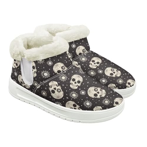 Jeiento Totenkopf-Muster Schneestiefel für Damen Winterschuhe Stiefeletten Hausschuhe Warme Hausschuhe Outdoor Indoor mit Plüschfellfutter, totenkopf, 39 EU von Jeiento