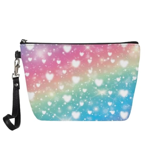 Jeiento Valentinstag-Leder-Make-up-Tasche, Geldbörse, wasserdicht, kleine Kulturtasche, Reißverschluss, Kosmetiktaschen, Make-up-Zubehör für Damen, Herren, Mädchen, Regenbogen Bling Bling Herzen, L, von Jeiento