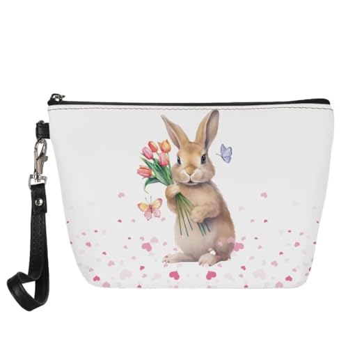 Jeiento Valentinstag-Leder-Make-up-Tasche, Geldbörse, wasserdicht, kleine Kulturtasche, Reißverschluss, Kosmetiktaschen, Make-up-Zubehör für Damen, Herren, Mädchen, Tulip Bunny Rosa Herzen, L, von Jeiento