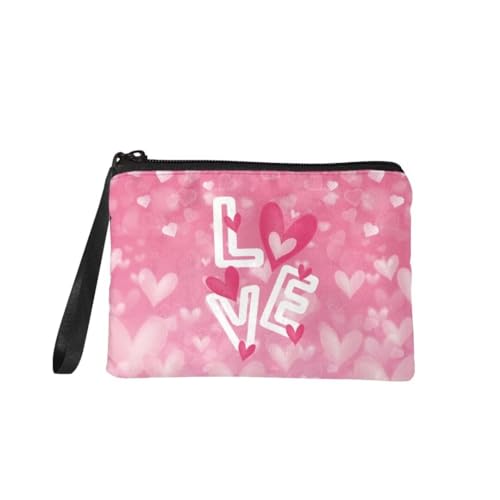 Jeiento Valentinstag Mini Geldbörse Münztasche für Frauen Mädchen Make Up Aufbewahrungstasche Herz Muster Reißverschluss Clutch Tasche, Valentinstag Geschenke Zubehör, Rosa Herzmuster "Love", S, von Jeiento