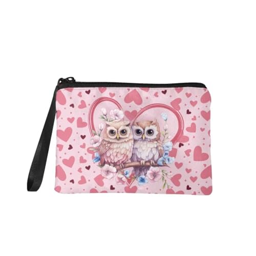 Jeiento Valentinstag Mini Geldbörse Münztasche für Frauen Mädchen Make Up Aufbewahrungstasche Herz Muster Reißverschluss Clutch Tasche, Valentinstag Geschenke Zubehör, Zwei rosa Eulen Herzmuster, S, von Jeiento