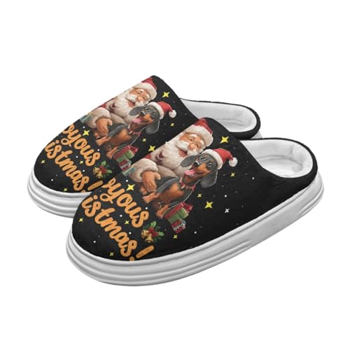 Jeiento Weihnachten Weihnachtsmann Haus Pantoffeln für Frauen Dame weiche warme Fuzzy Pantoffeln Indoor Outdoor Schuhe Dachshund Hund Pantoffel,40-41 EU von Jeiento