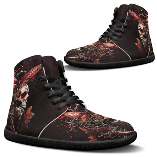 Jeiento Wide Toe Box Gothic Schädel Schmetterling Barfußschuhe für Männer Zero Drop High Top Schuhe Breite Mode Anti Rutsch Gym Sneaker Minimalistische Leichte Walking Schuhe,40 EU von Jeiento