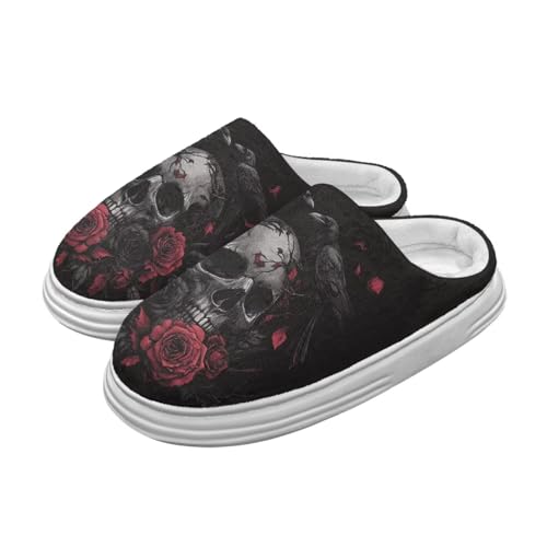 Jeiento gotische Schwarze rote Blume Schädel Plattform Pantoffel Anti-Rutsch Frauen Memory Foam Fuzzy Haus Pantoffel mit dicker Sohle, rutschfeste Schlafzimmerrutschen,44-45 EU von Jeiento