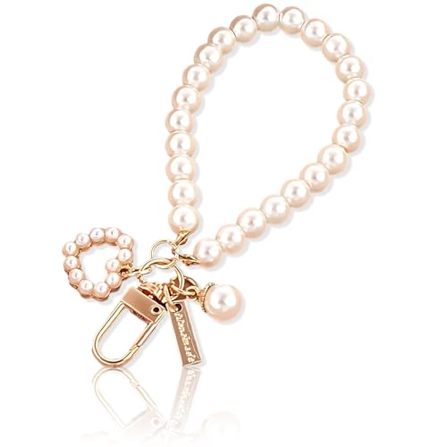 JeiibrZui Pearl Keychain,Auto-Schlüsselanhänger,Golden Imitation Pearl Key Chain,Cute Purse Charms Anhänger,Handschlaufe,Girly Backpack Key Ring Accessory von JeiibrZui