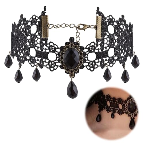 JeiibrZui Schwarz Spitze Halsketten, Choker Schwarze Spitze, Gothic Spitze Choker, Kristall Anhänger, Mädchen Vampir Accessoire, Halloween Cosplay Party Diamant Halskette von JeiibrZui