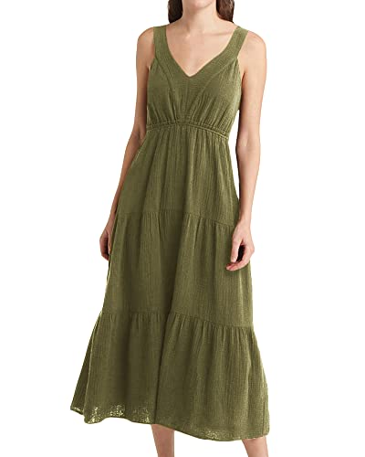 JeimPoey Damen-Sommerkleid mit V-Ausschnitt, gestuftes Kleid, fließender Midirock, Smocking Back A-Linie, Sommerkleid, Arm Grün, Groß von JeimPoey