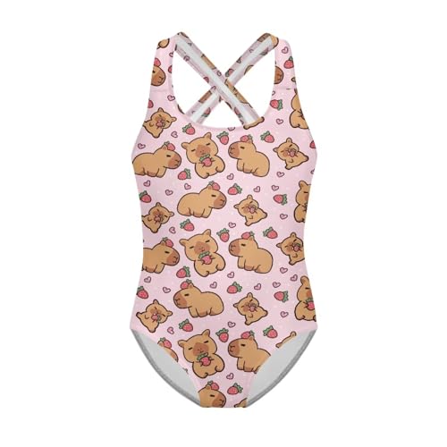 Jekioweii Einteiliger Badeanzug für Mädchen und Kinder, schnelltrocknend, mit gekreuzten Rückenträgern, Sommer-Strand-Bademode, Größe 5T-14, Capybara Strawberry, 7-8 Jahre von Jekioweii