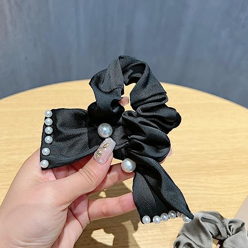 2 Stück Perle Satin Schleife Knoten Haarband Haargummis Halt Retro Pferdeschwanz Halter Elastisch Scrunchie Haare Ringe Haar Seil Gummiband Haar-Accessoires für Damen Frauen Mädchen(Schwarz+Schwarz) von JekyTMP