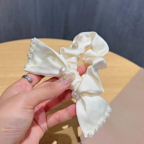 2 Stück Perle Satin Schleife Knoten Haarband Haargummis Halt Retro Pferdeschwanz Halter Elastisch Scrunchie Haare Ringe Haar Seil Gummiband Haar-Accessoires für Damen Frauen Mädchen(Beige+Beige) von JekyTMP